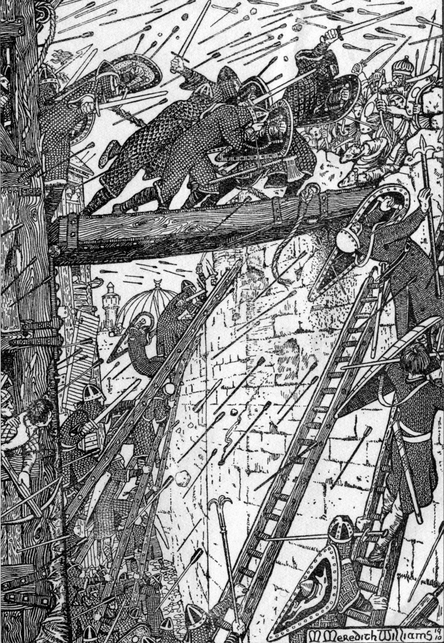 Crusaders from Godfrey of Boulogne’s seige tower battle their way onto the wall of Jerusalem, as their comrades climb scaling ladders. Although the Franks captured Jerusalem, they could not rest until they had defeated the Fatimid Egyptian relief army assembling at Ascalon on August 12. 