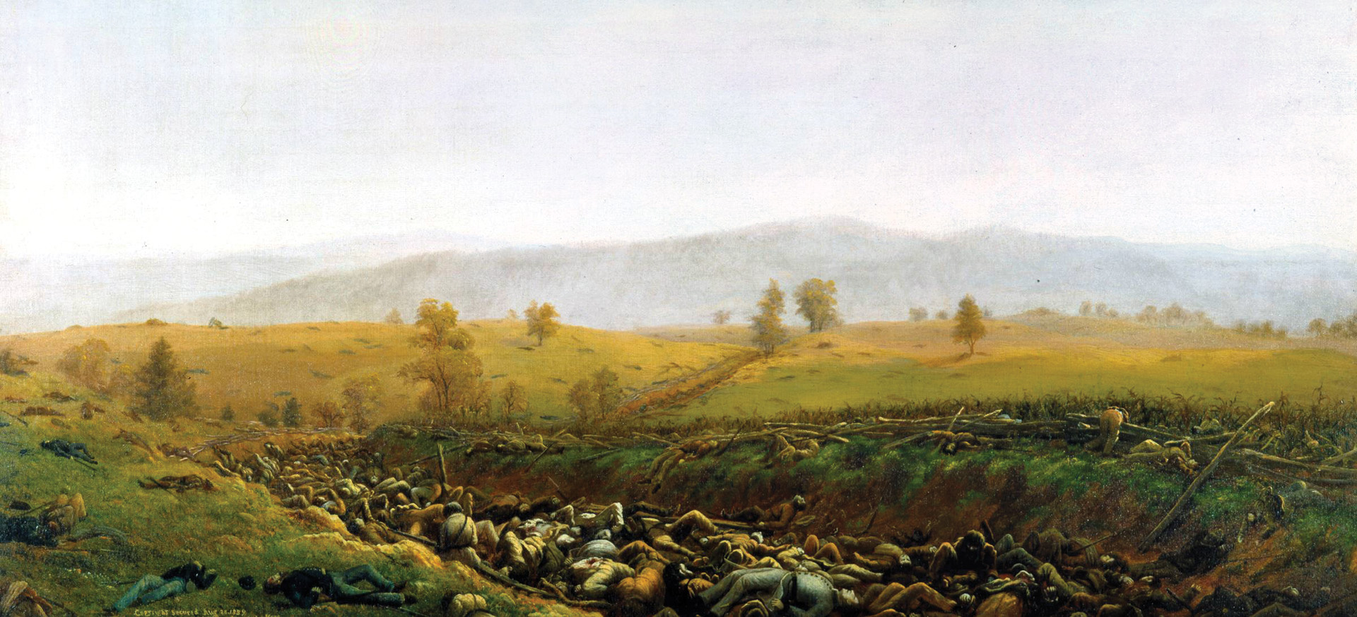 Union Captain James Hope of the 2nd Vermont Volunteers fought at Antietam and afterward painted this tragic scene of Confederate dead lying in the Sunken Road. The Yankees captured the position but could not advance beyond it.