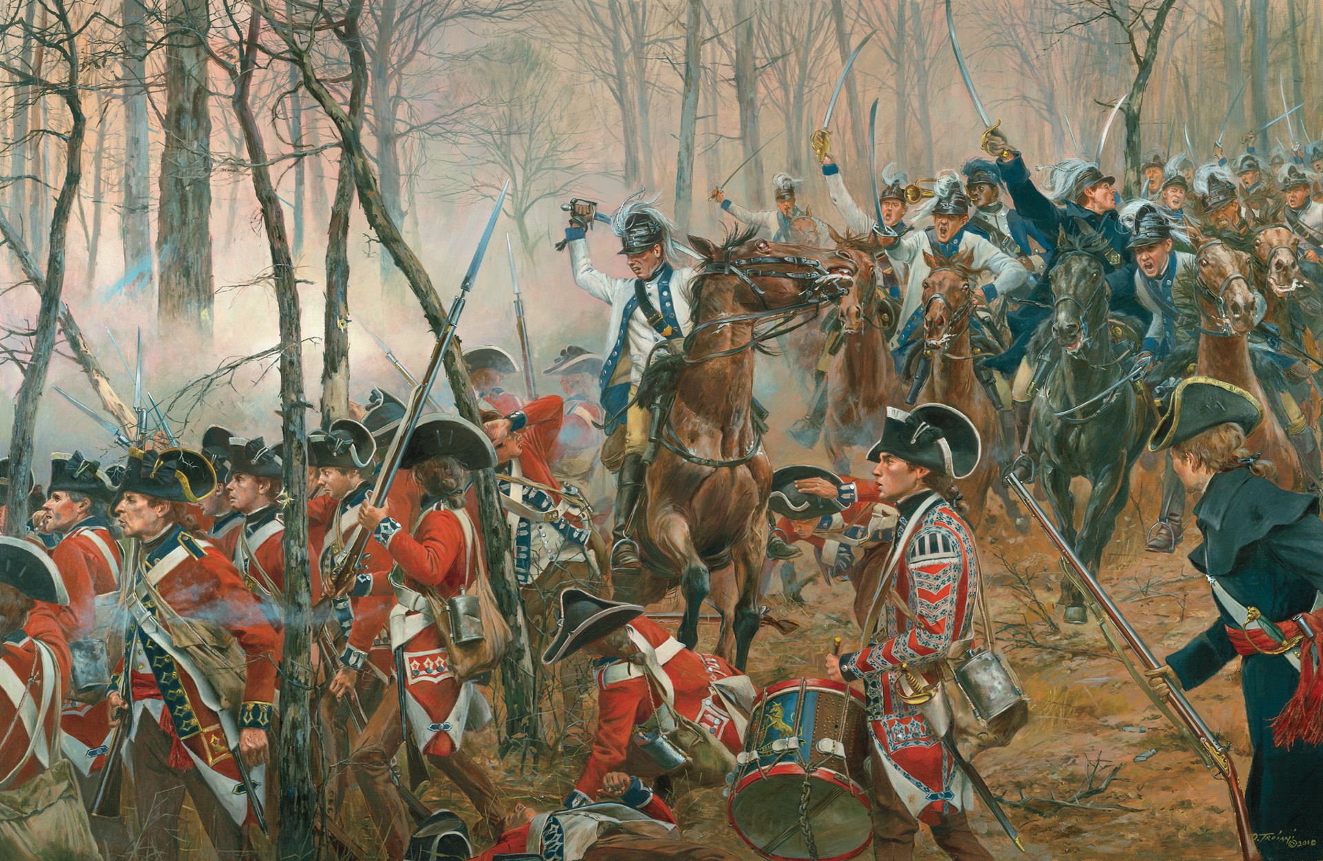 Washington’s dragoons fall on the flank of the British 2nd Guards Battalion in the final phase of the battle in a modern painting by Don Troiani. A conservative Greene chose to retreat shortly afterward rather than risk destruction of his army. 