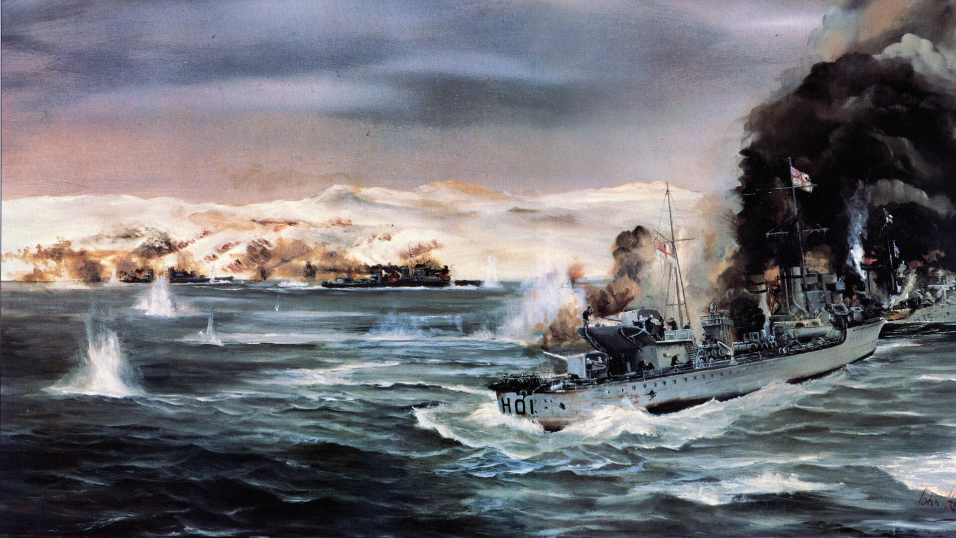 The damaged HMS Hotspur collides with the HMS Hunter on April 10, 1940, during the destroyer battle in the Narvik Fjord. Both the British and German naval commanders died in the heavy fighting at sea that day.