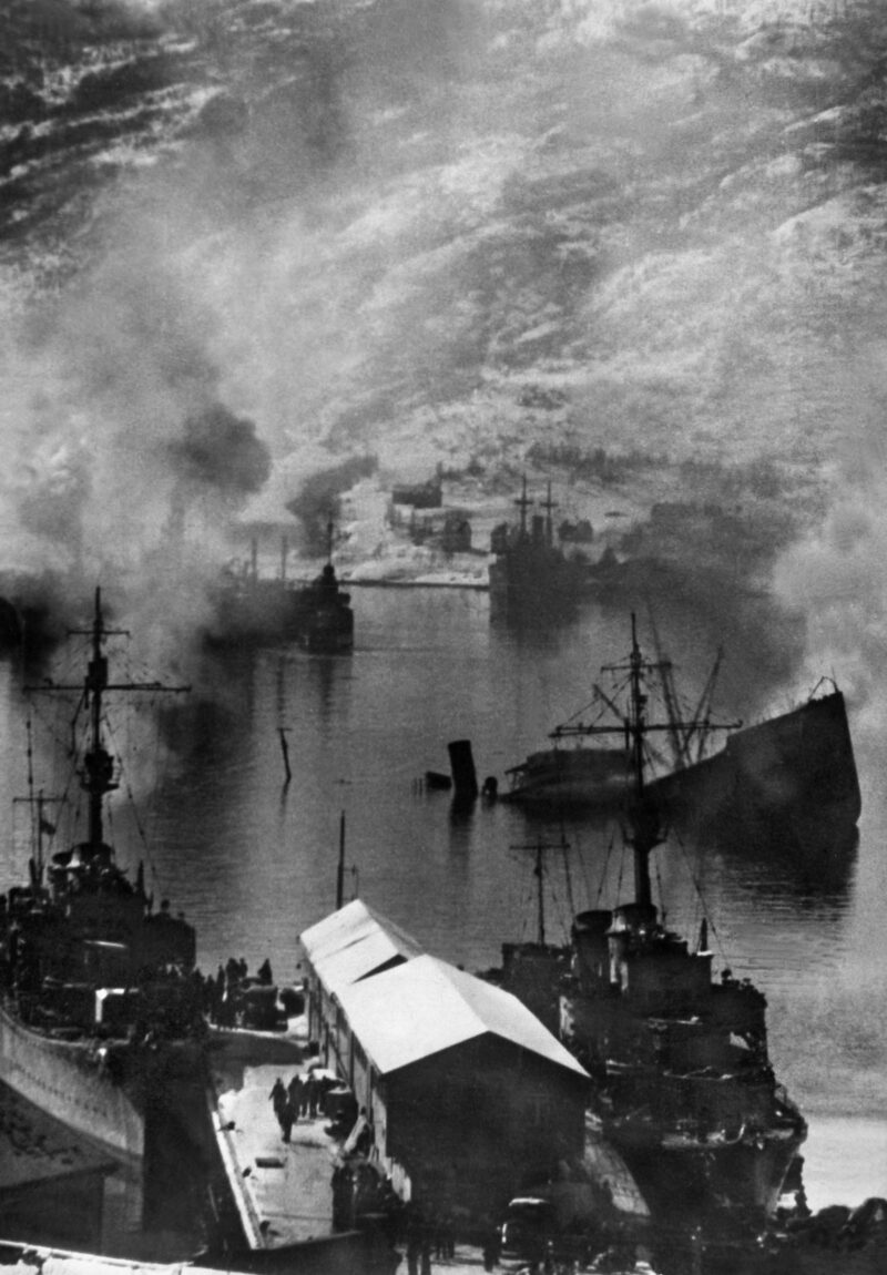 A view from the Narvik wharf gives an idea of what German soldiers and sailors would have seen of their damaged fleet on the morning of April 10.