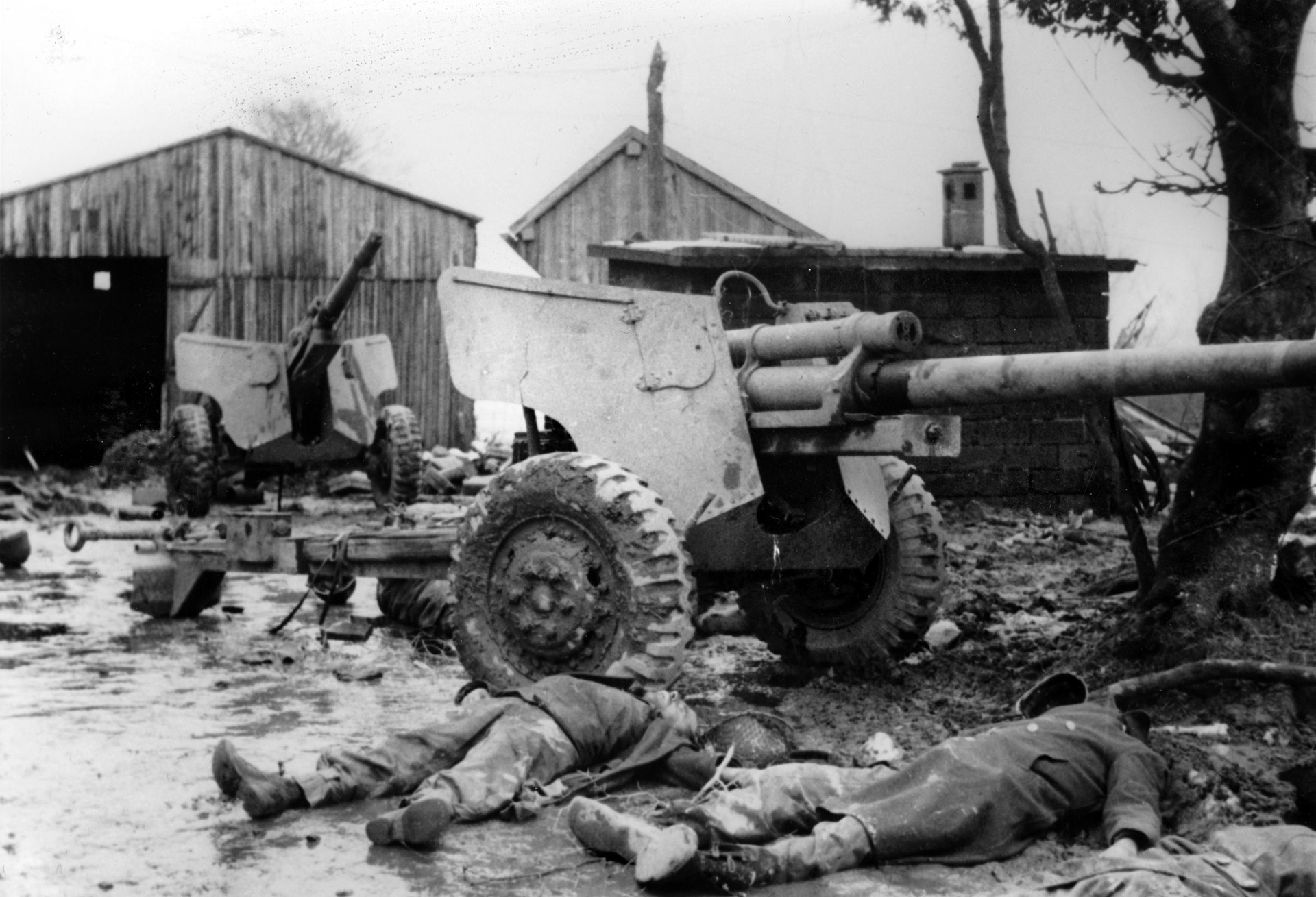 Killed in action during the early German advance at the Battle of the Bulge, the bodies of American soldiers sprawl beside their anti-tank gun. Although inexperienced, the soldiers of the 106th Infantry Division fought a spirited battle against the attacking Germans in the Ardennes Forest.