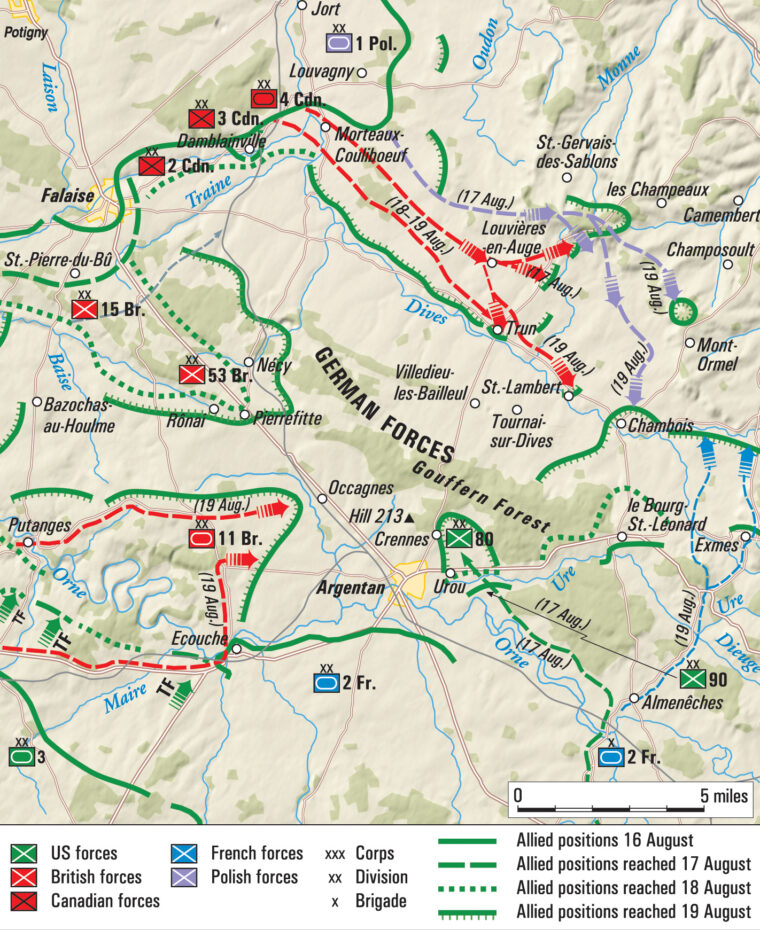 The 80th Infantry Division advanced across France in the summer of 1944 with the 90th Division on its right flank and the French 2nd Armored Division on its left.  The objective of the grand Allied advance was trapping German troops in the Falaise Pocket. 