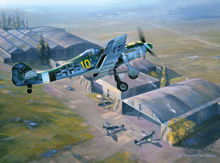 Fw-190D-13/R11, named ‘Yellow Ten,” was flown by Franz Götz of JG-26. Götz is shown preparing to surrender at the Luftwaffe airbase at Flensburg near the Danish frontier in the spring of 1945 after the airfield was captured by advancing Allied forces. The original plane has been restored and now resides in the collection of the Champlin Fighter Museum. Painting by Jack Fellows.