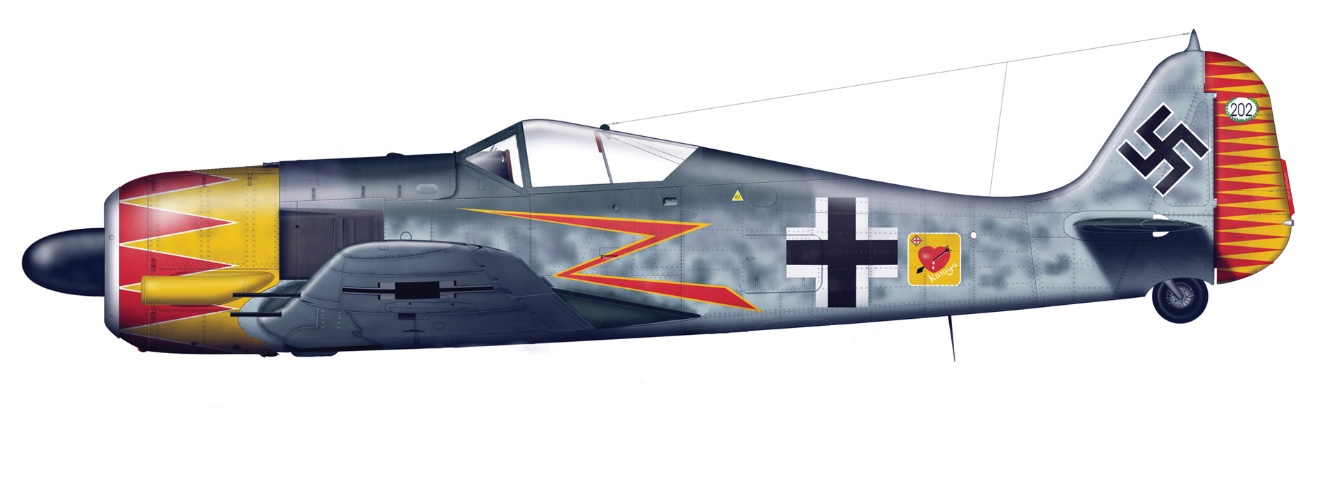 This brightly painted Fw-190 A-5 was flown by Luftwaffe Major Hermann Graf, who commanded a fighter training unit in southern France in 1943.