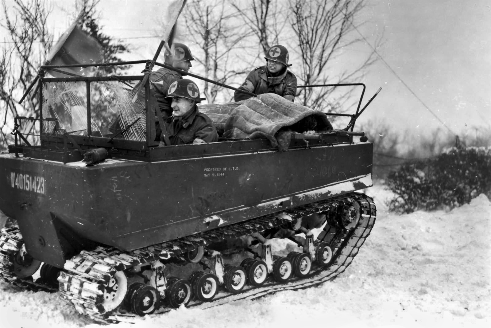 The M29 Weasel, a tracked vehicle made for operations in winter weather, was suggested by Pyke. This example belongs to the 79th Infantry Division operating in France in January 1945.