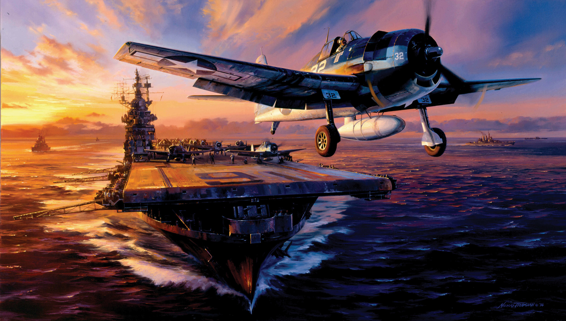 U.S. Navy Lieutenant Alex Vraciu, who shot down six Japanese aircraft in the Battle of the Philippine Sea, takes off in his F6F Hellcat from the deck of the USS Lexington in a painting by Nicolas Trudgian. By 1944 the Japanese carrier fleet had only half the number of aircraft of the United States, making it highly unlikely they would reverse the tide of the War in the Pacific.