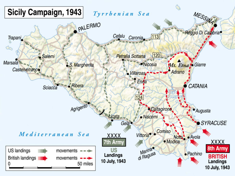 The British Eighth Army pushed north along the eastern coast of Sicily while the U.S. Seventh Army swept west to capture Palermo before advancing on Messina.