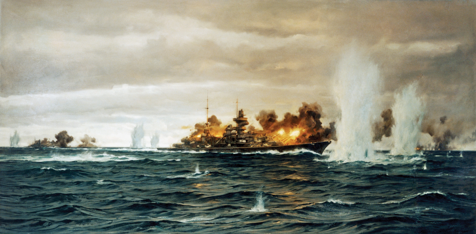Bismarck and Prinz Eugen engage HMS Hood and HMS Prince of Wales during the Battle of the Denmark Strait on May 23, 1941. The Bismarck’s fifth salvo broke apart the Hood, sending her to the bottom of the ocean.