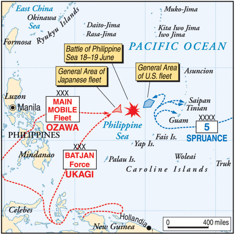 Japanese naval forces waited for the U.S. Navy to move into the Philippine Sea following the Marine landing on Saipan. With his nine carriers and the long reach of his carrier aircraft, Vice Adm. Jisaburo Ozawa hoped to inflict a decisive defeat on the American Navy.