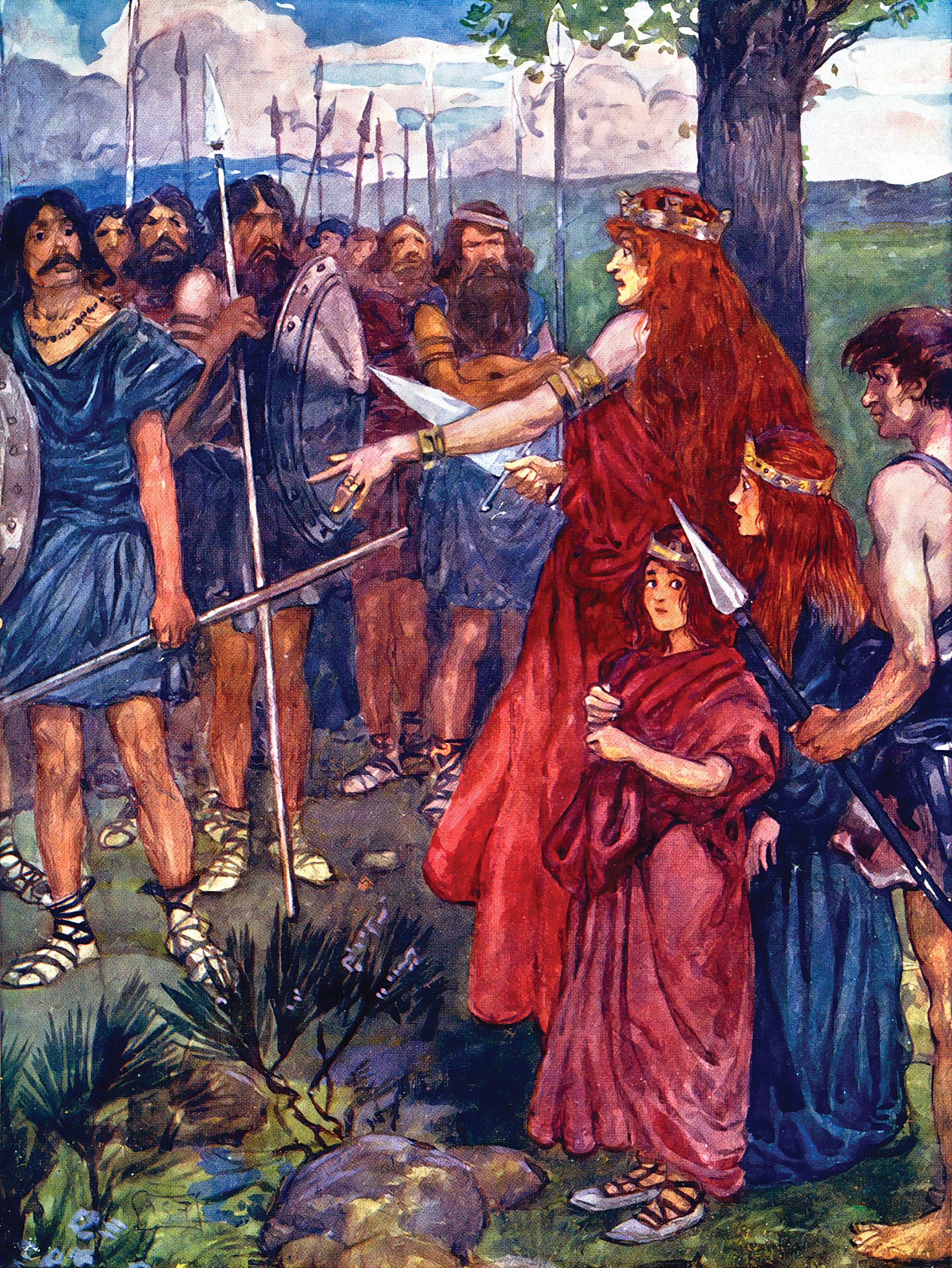 Queen Boudicca summons her fellow Britons to rebel against the Romans. She told them that the Romans’ helmets, breastplates, and greaves, as well as their walls and tents, only showed their fear and their weakness to the elements.