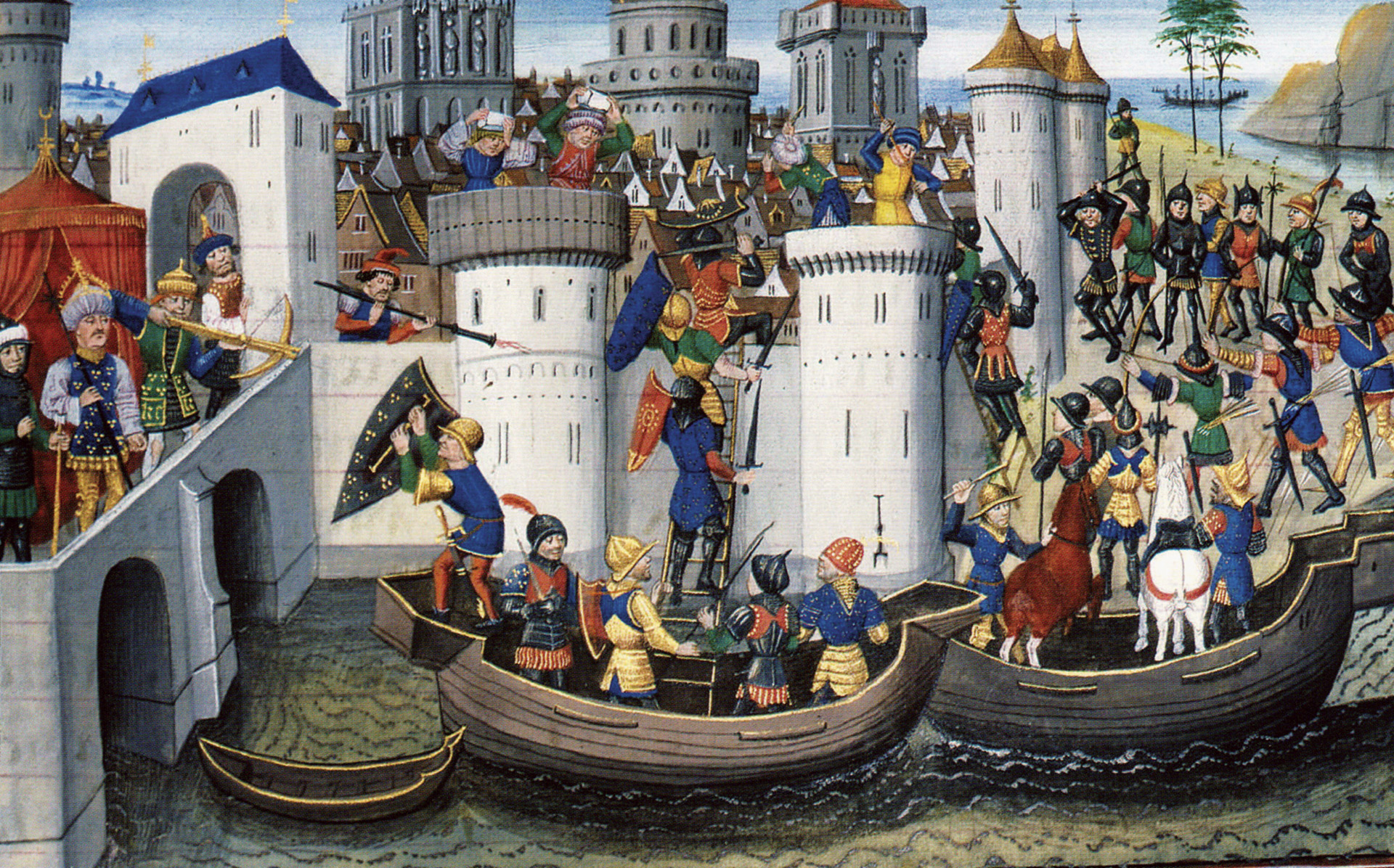 Venetians attack the seaward wall along the Golden Horn while crusaders attack the land wall in a 15th-century illuminated manuscript. The successful initial siege of Constantinople in July 1203 enabled the Latin crusaders to install puppet emperor Alexius IV.