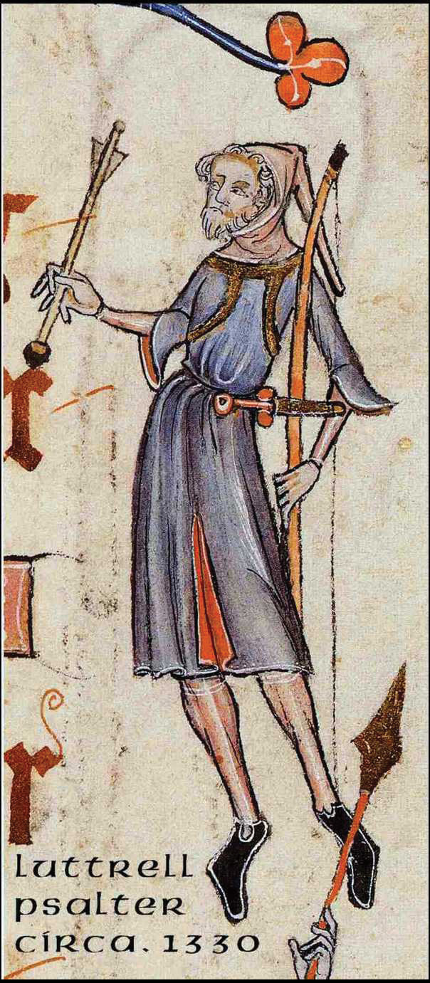 An English longbowman is shown with a bow tailored to his height. When he had depleted his arrows, he joined the melee with his dagger.
