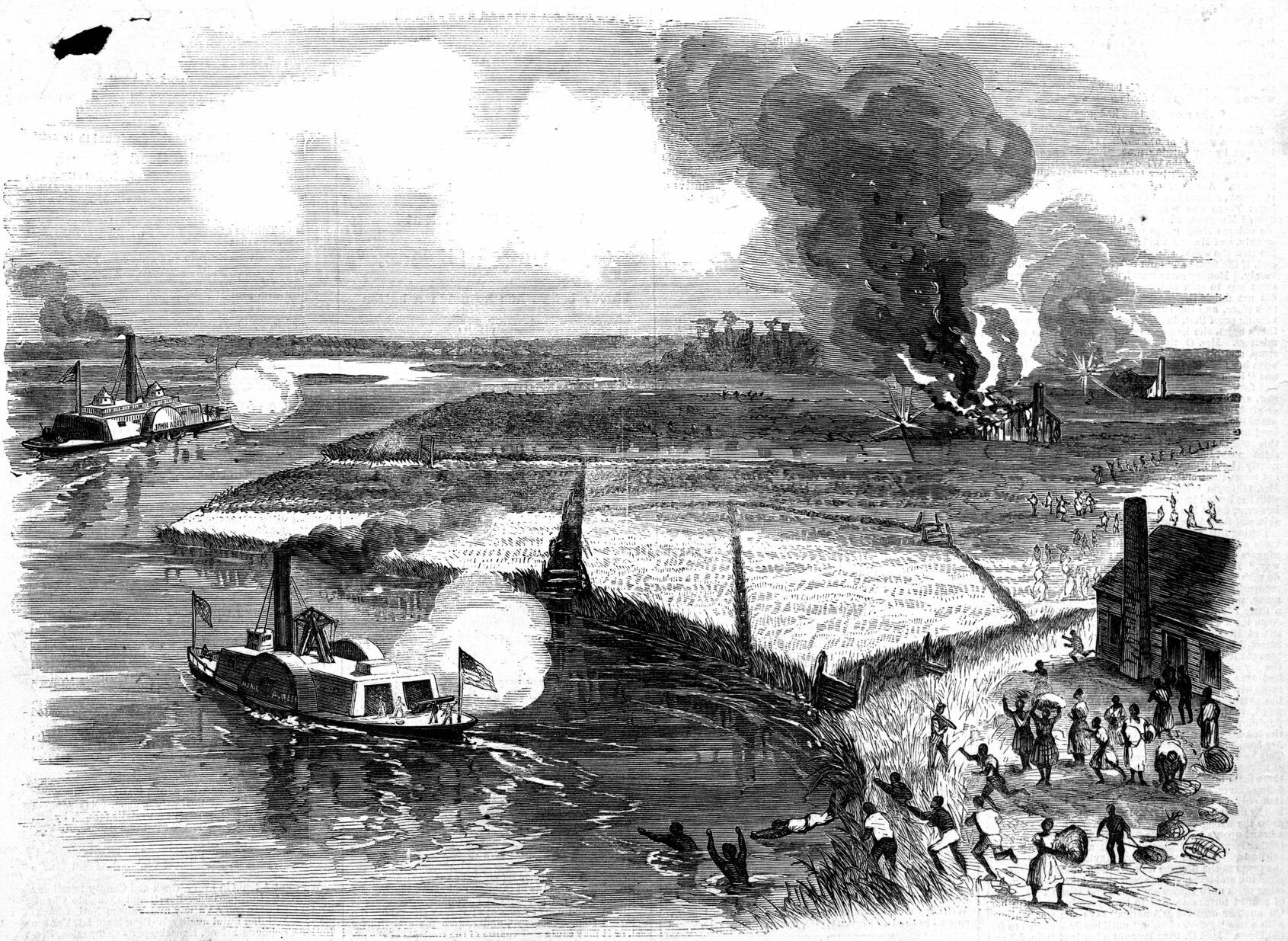 The raid depicted is similar to one against Darien, Georgia, in which the 54th Massachusetts joined the 2nd South Carolina Regiment of U.S. Colored Troops. 
