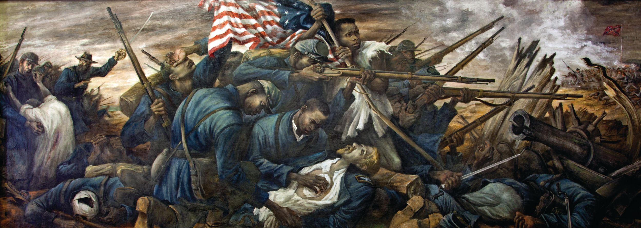 Soldiers of the 54th Massachusetts tend to Colonel Robert Gould Shaw’s lifeless body in a modern mural painted by Carlos Lopez. As he mounted the parapet of Fort Wagner, Gould was shot several times in the chest. 