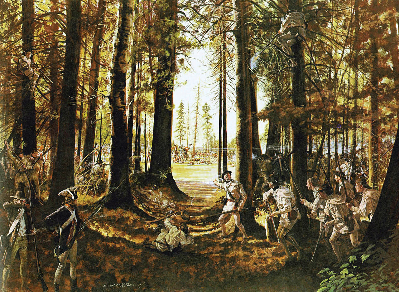 Morgan directs his riflemen to fire on the British during the Battle of Saratoga. One of Morgan’s men concealed in the treetops has just fired the shot that mortally wounded British Brig. Gen. Simon Fraser in the action at Bemis Heights on October 7.
