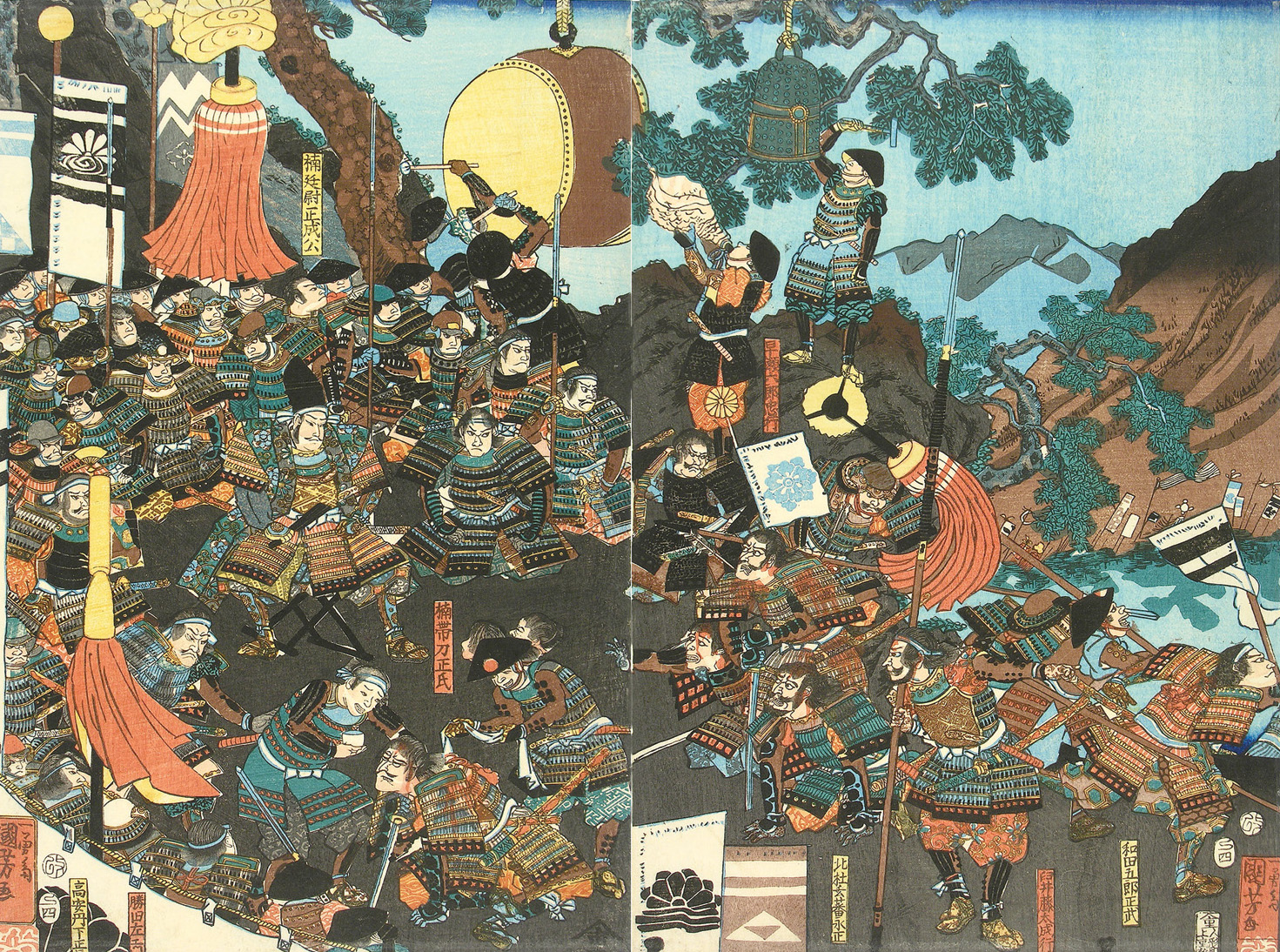 Masashige rallies his men in the Battle of Minatogawa in 1336. Despite their valor, Masashige and his fellow samurai were defeated. Surrounded and bleeding from 11 wounds, the great warrior and his brother committed suicide together.