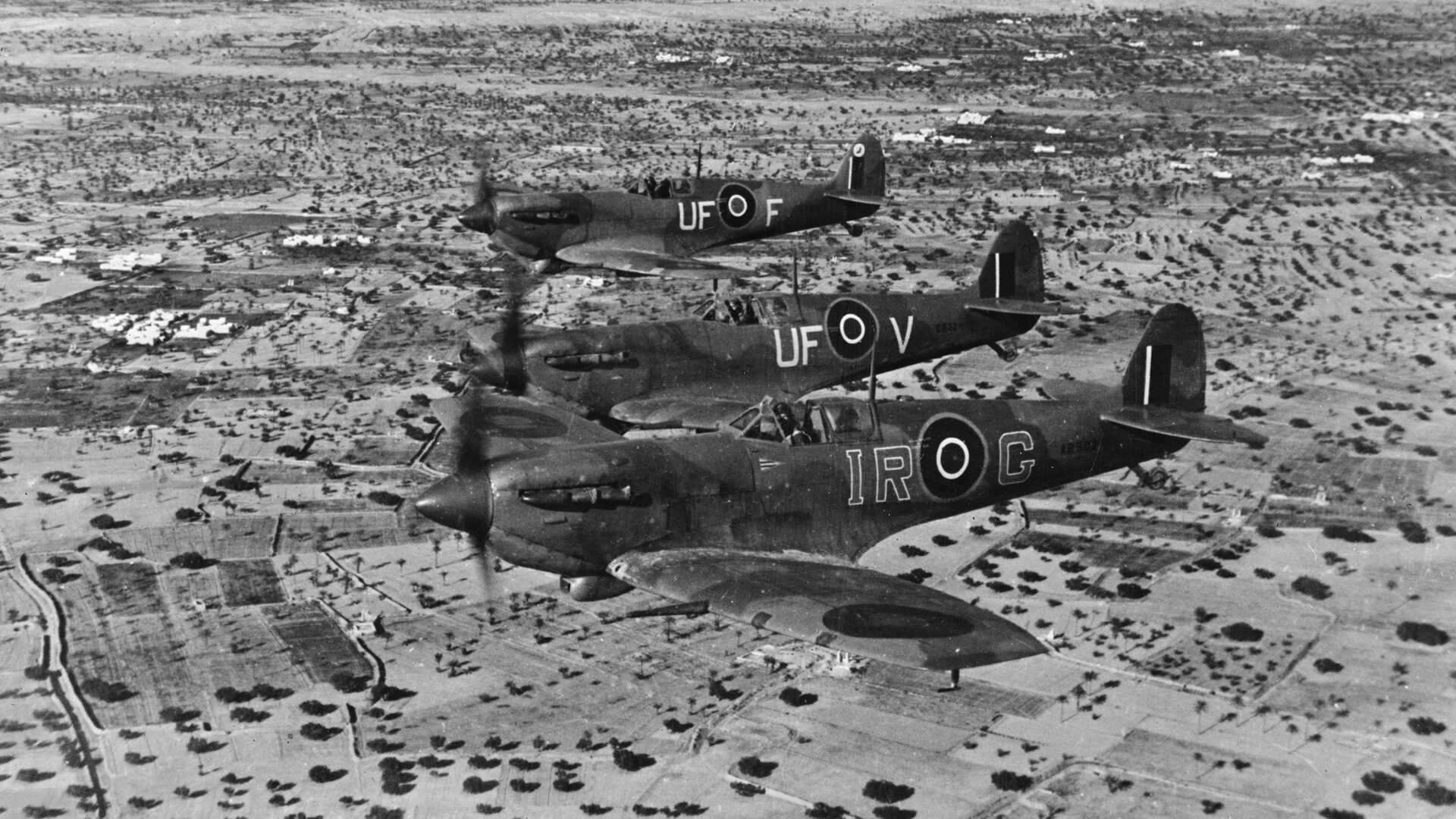 A Spitfire formation in North Africa in 1943. After the Battle of Britain, the single-seat Spitfire became the workhorse of the RAF Fighter Command, proving itself versatile in a variety of roles, including interceptor, reconnaissance, and ground attack.