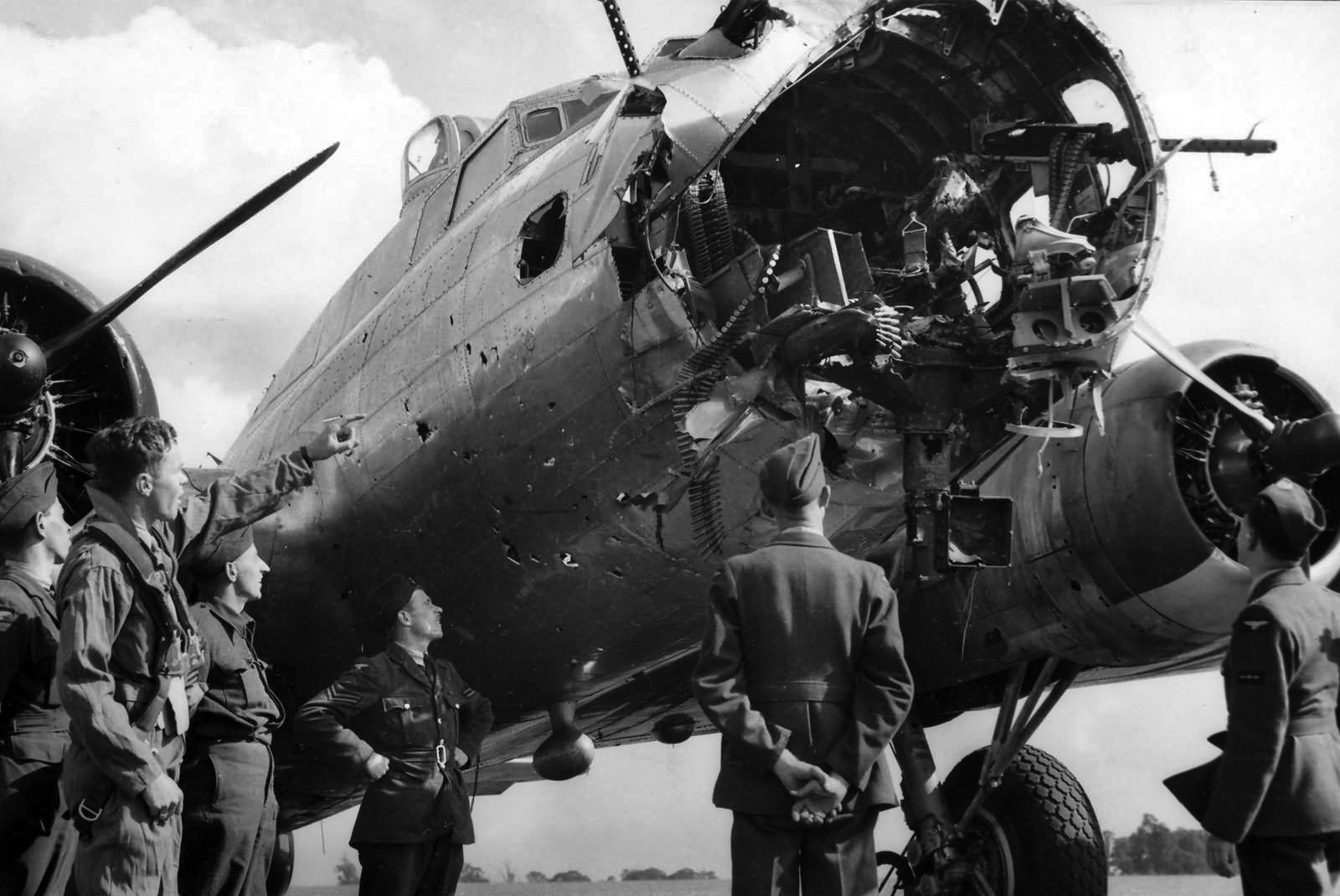 A B-17 from the 379th Bomb Group made it home even with the cockpit shredded. The B-17s natural handling characteristics enabled pilots to fly it back to base even with heavy damage.