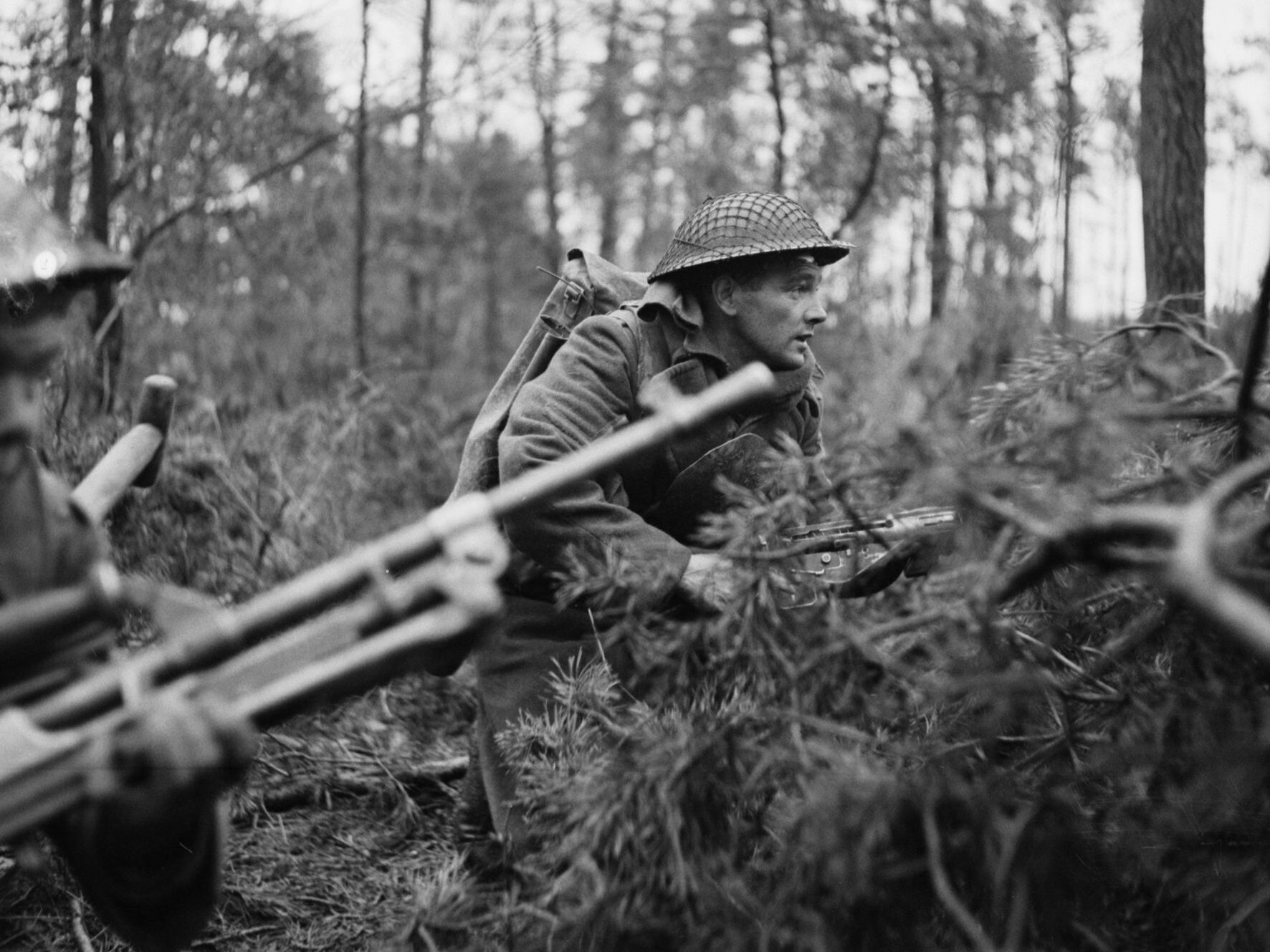 A soldier of the 5/7th Gordon Highlanders exhibits the stress of combat during operations in the Reichs- wald. This photograph was taken on February 9, 1945, the second day of Operation Veritable.