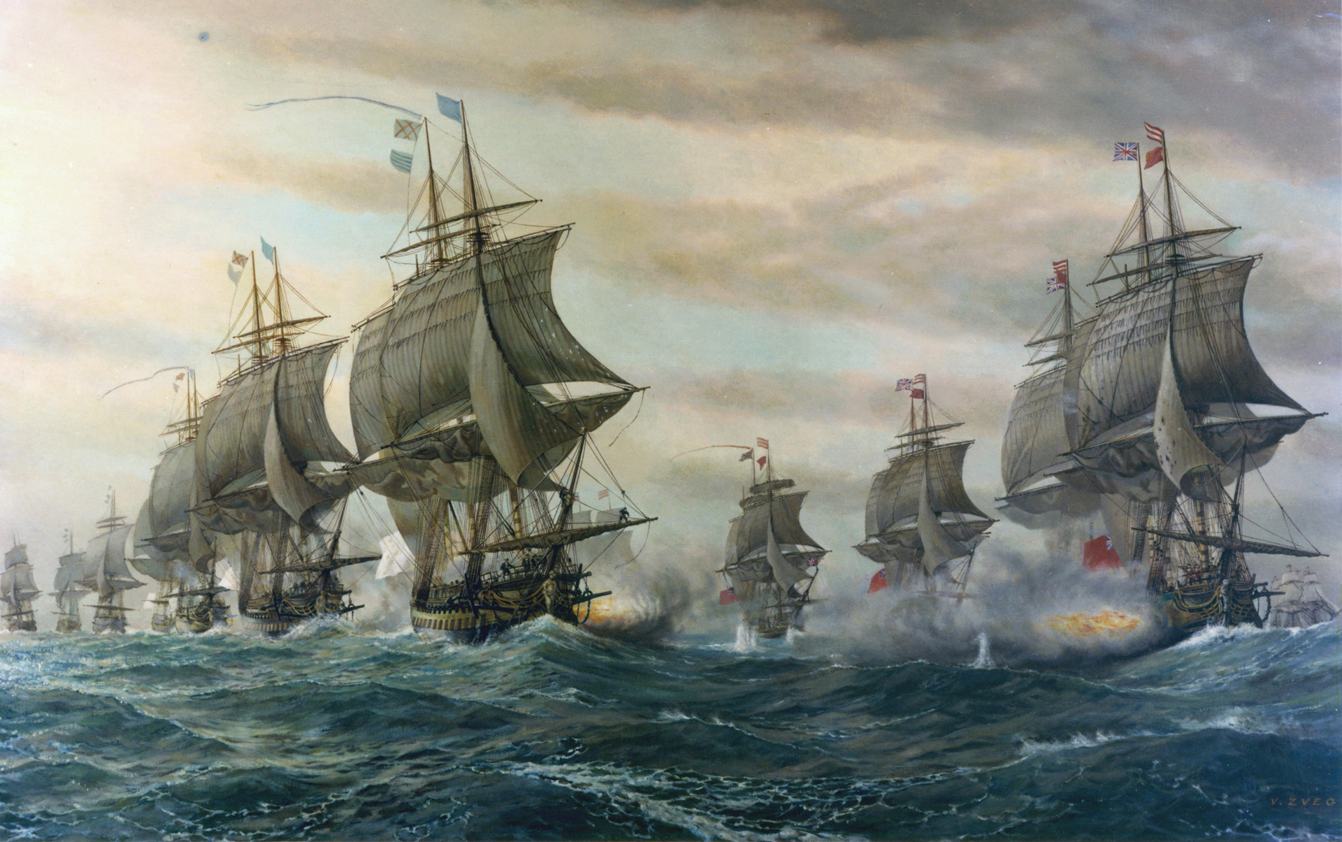 The British fleet (right) trades broadsides with the French fleet during the height of battle. Confusion with signals plagued the British throughout the battle and prevented them from firing with maximum effect.