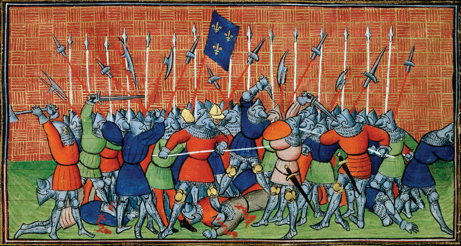 An illuminated manuscript from the period accurately portrays the Flemish army as a completely dismounted force. William of Jülich ordered the nobles under his command to fight dismounted with the commoners.