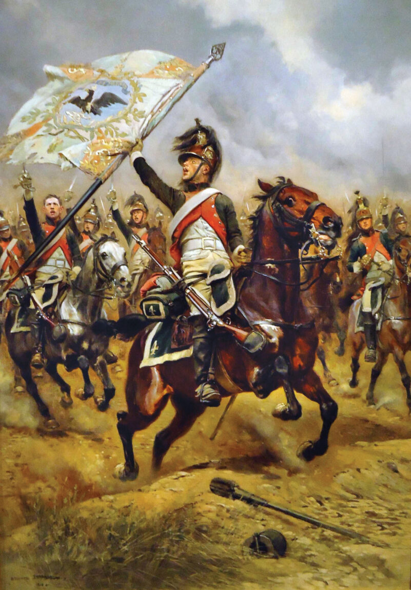 A French dragoon holds aloft a Prussian flag captured at Jena in a painting by French military artist Edouard Detaille. The Prussians proved no match for the superior tactics used by Napoleon’s Grande Armee at Jena-Auerstadt.