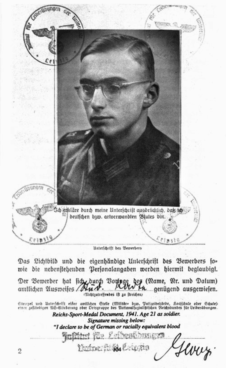 A page from Dieter Bergmann’s Wehrmacht pay book. A half-Jew, he loved his country but agonized about fighting for a regime that persecuted his fellow religionists.