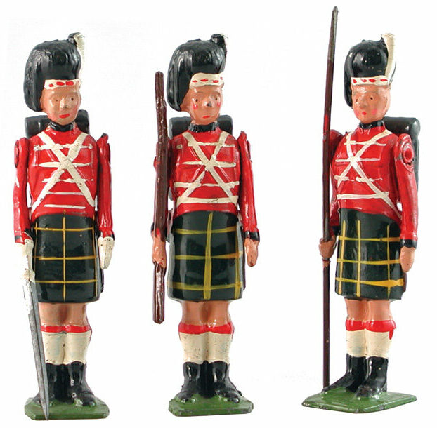 Britains’ 54mm Waterloo Highlander is typical of the well-painted, historically accurate, hollow- cast lead figures mass pro- duced by the British manufacturer.