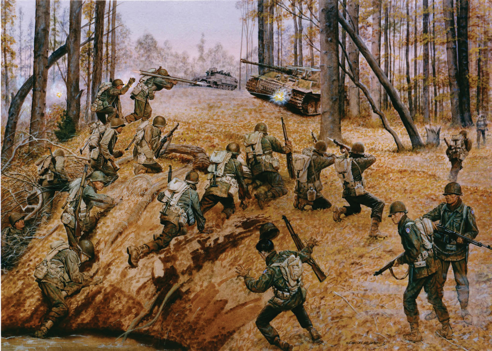 Illustrator H. Charles McBarron’s painting, Go For Broke, shows the 442nd attacking German tanks during the rescue of men from the 141st Regiment, 36th Infantry Division, in the Vosges Mountains, France, October 27-30, 1944.
