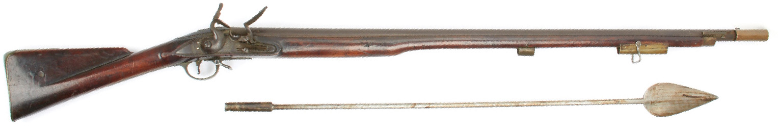 A Brown Bess rifle features a 36-inch, spear-style bayonet for use against cavalry. 