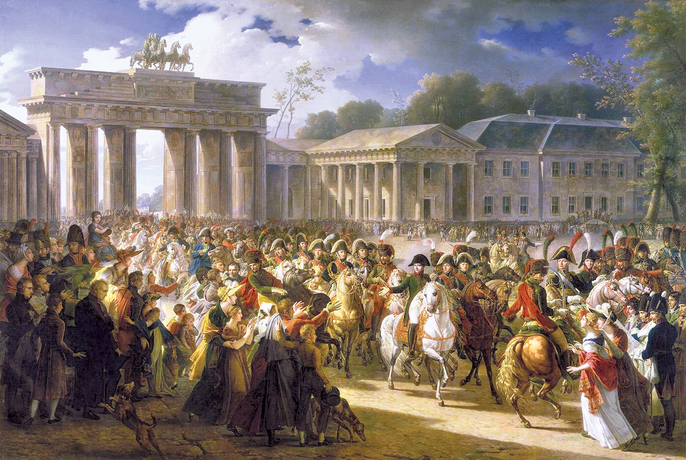 Napoleon’s Grande Armee enters Berlin in triumph in Charles Meynier’s period painting. The upshot of his double victory was that Prussia became a French vassal for six years.