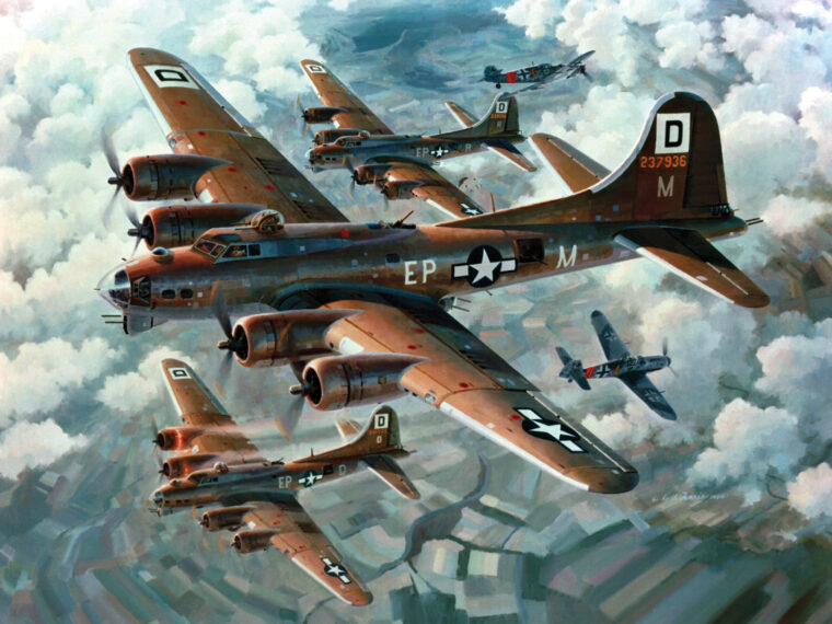 Keith Ferris’s painting, Fortresses Engaged, shows two German fighters attacking head-on through a formation of B-17s of the 100th Bomb Group.