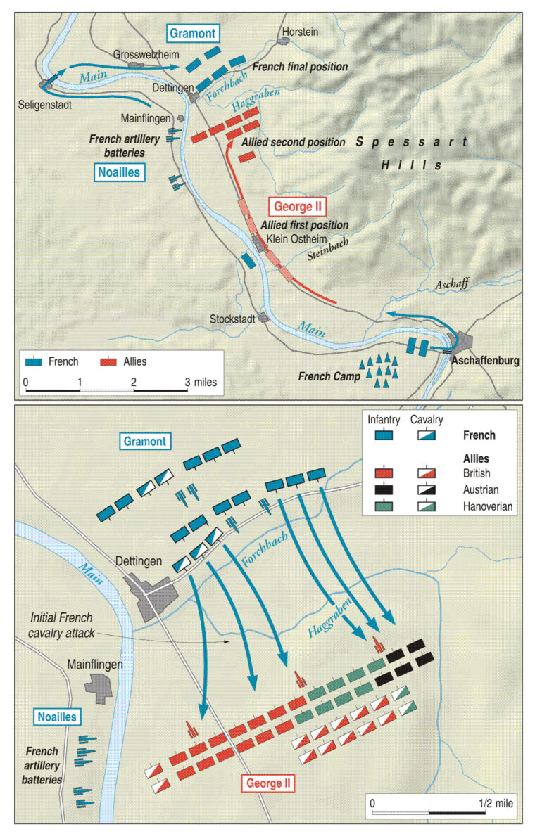 The British army at Dettingen is shown bottled up between the River Main and the Spessart Hills with no chance of resupply. The Duc de Gramont’s entrenched blocking force is at left, and the Duc de Noailles’ force is at right.