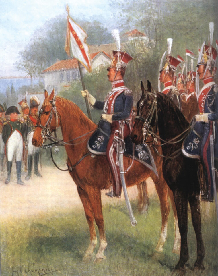 Napoleon reviews the Polish Light Horse Regiment, which served as part of his Imperial Guard at the time of Somosierra. The regiment, whose members were drawn from Polish nobility, initially had been established to escort the French emperor during his stay in Poland in 1806.