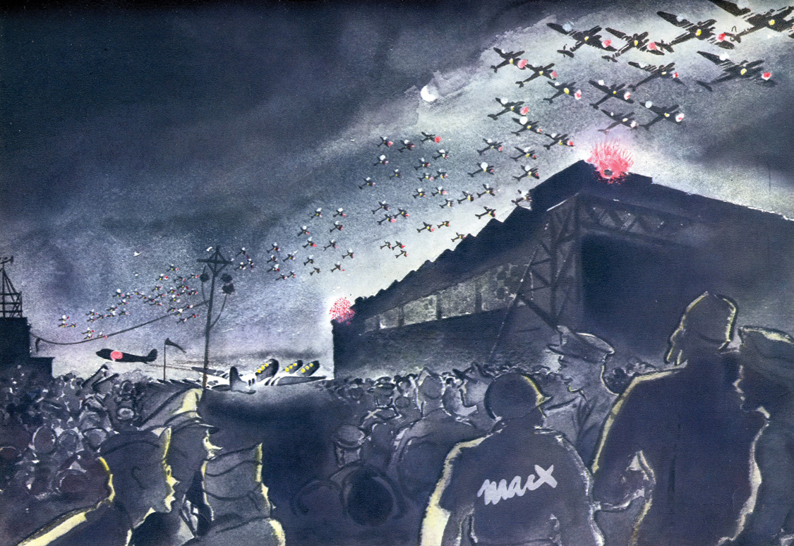D-Day eve, 2300 hours. C-47s with paratroopers aboard fill the sky as they depart northern England.
