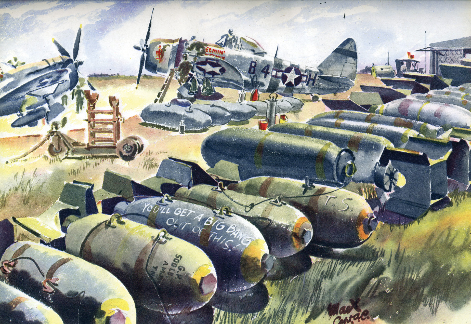 Fifteen days after D-Day, a Thunderbolt affectionately named the Screemin’ Weenie gets a “goin’ over,” at a base in southern England before taking off for targets of opportunity in Normandy.