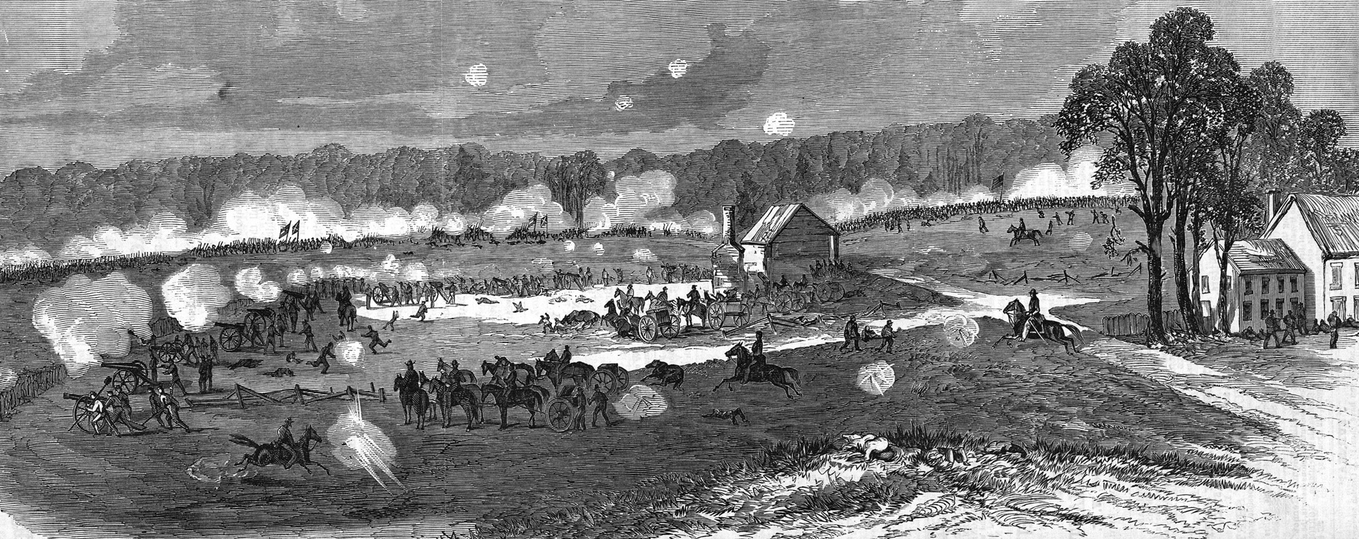 Union artillery fires on the enemy on the first day of the battle. When Hooker’s troops ran into large numbers of Confederates moving west to check his advance toward Fredricksburg, he ordered them to fall back to Chancellorsville, thus relinquishing the initiative to General Robert E. Lee.