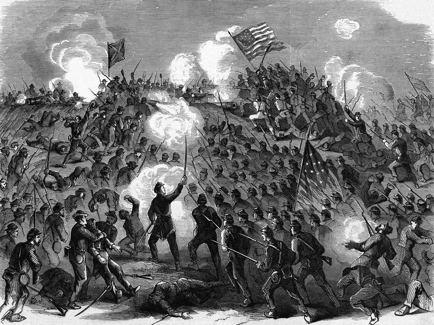 The desperate nature of the assault on Fort Wagner that occurred at dusk on July 18, 1863, is captured in a period illustration. The 54th Massachusetts suffered approximately 50 percent casualties.