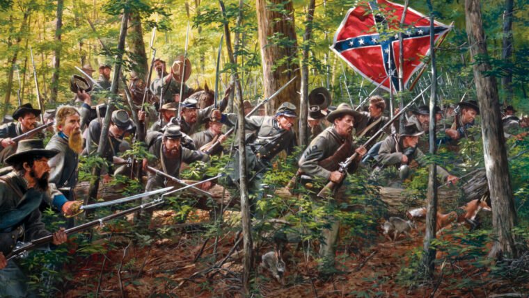 Hard-fighting veterans of Lt. Gen. Thomas J. “Stonewall” Jackson’s II Corps rush through the thick forest west of the Chancellorsville crossroads in the late afternoon of May 2, 1863, to fall on Maj. Gen. Oliver O. Howard’s unsuspecting XI Corps in Don Troiani’s painting.