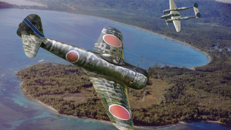 In this painting by Jack Fellows, a 59th Sentai Nakajima Ki-43 Hyabusa fighter, code-named Oscar by the Allies, maneuvers into firing position against a P-38 Lightning fighter of the U.S. Fifth Air Force.