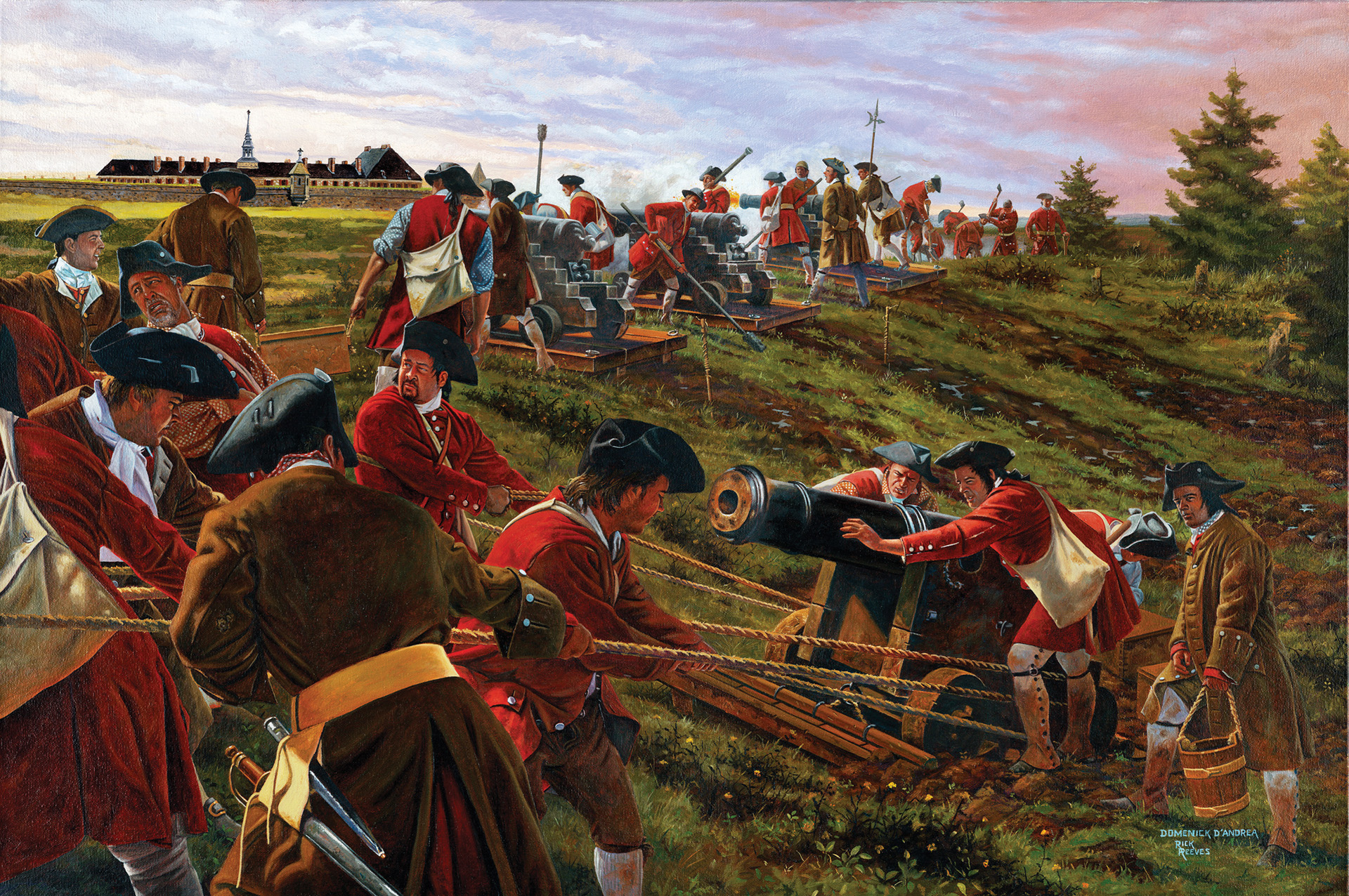 New England militia use wooden sleds to haul siege guns across wet ground on Cape Breton Island. The Americans established their own batteries on high ground near Louisbourg to suppress the French batteries.