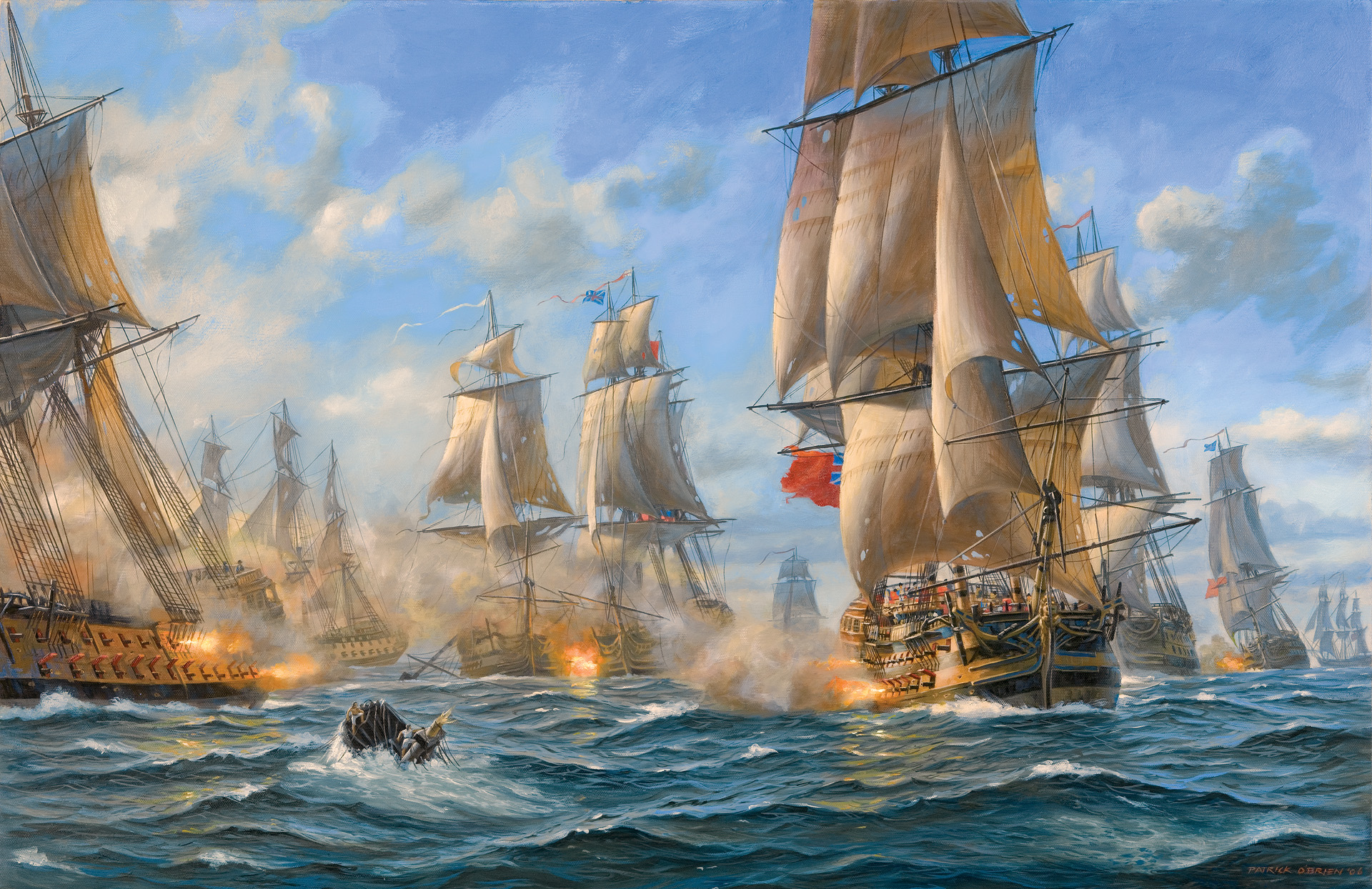 The British fleet (right) and the French fleet are shown engaged at the mouth of the Chesapeake Bay on September 5, 1781, in a modern painting by Patrick O’Brien. British Rear Admiral Graves made a number of questionable decisions during the battle that put his fleet at a distinct disadvantage.