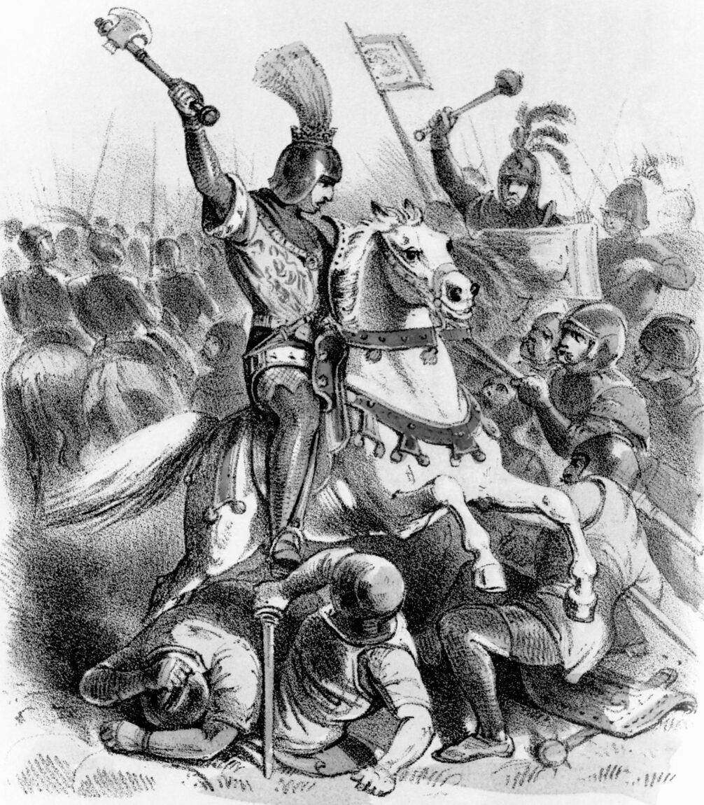 Hohenstaufen King Manfred of Sicily fights alongside his household troops in the climax of the battle. As they closed with the French, the Sicilians shouted “Hurrah for Swabia!” 
