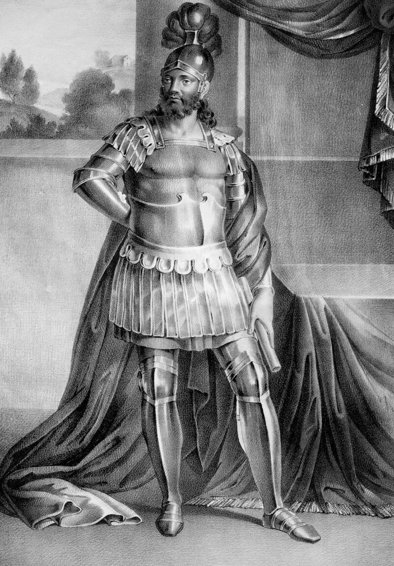 King Manfred of Sicily is depicted in a 19th-century lithograph. Support for Manfred began to erode when he took a purely defensive stance against the French invaders. 