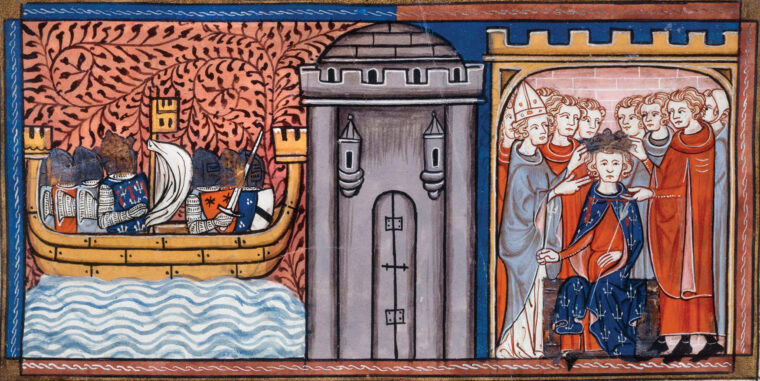 Charles of Anjou sails to Rome in 1265 and is crowned the new king of Sicily in a 14th-century manuscript illumination.