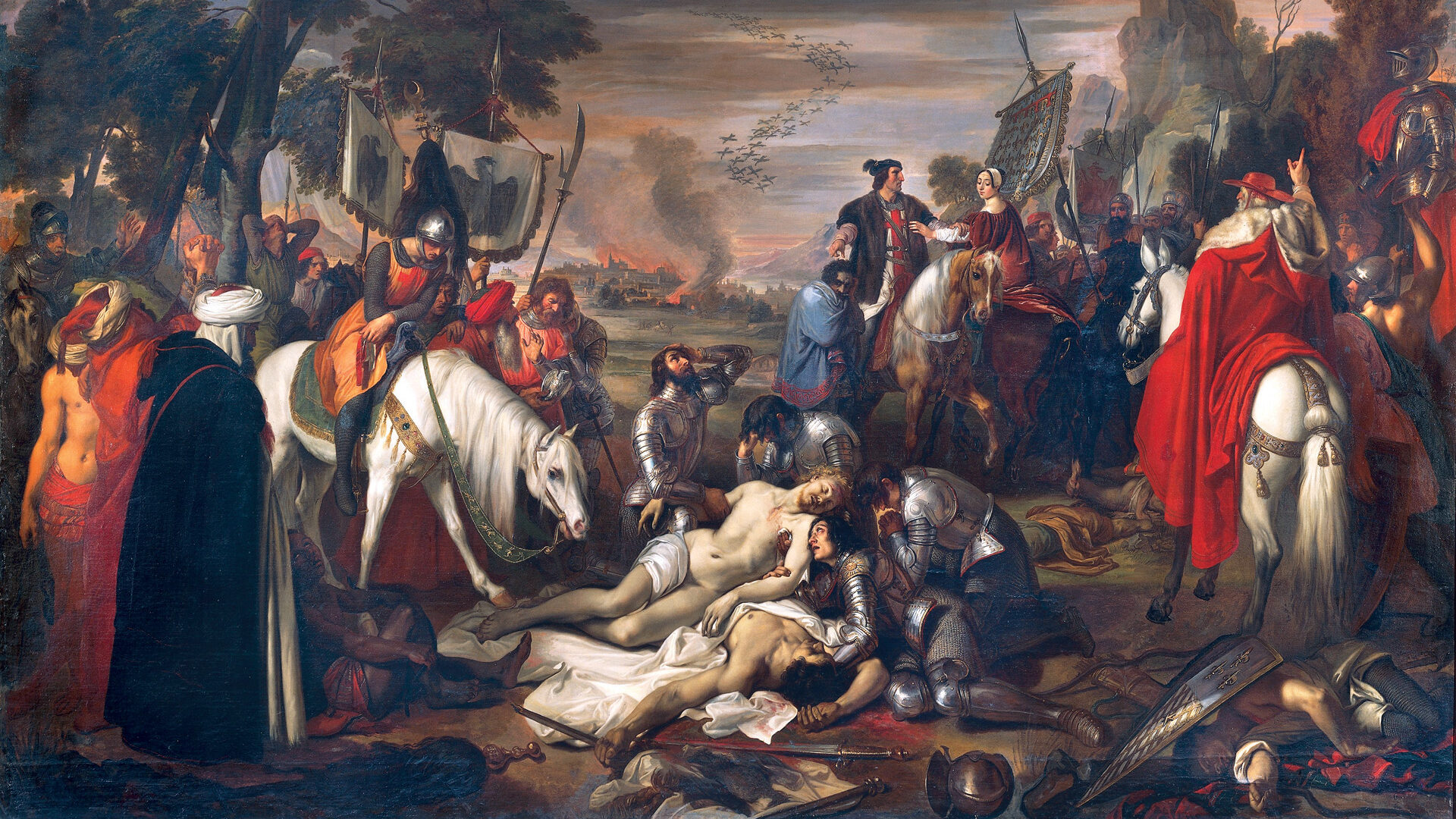 The stripped body of King Manfred of Sicily, who fell during the final phase of the Battle of Benevento, was not discovered until three days after the fight. Knights weep in the foreground as the city, which was sacked by the French, burns in the background of Giuseppe Bezzuoli’s Neoclassic painting.