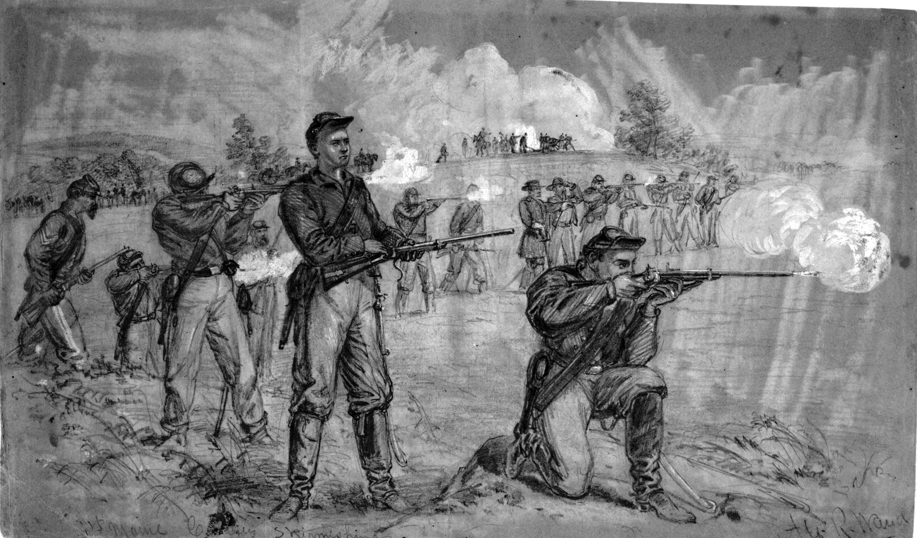 Dismounted troopers from the 1st Maine Cavalry of Colonel Judson Kilpatrick’s First Brigade of Brig. Gen. David Gregg’s Third Division form a skirmish line on the Union left flank. The 1st Maine hit the 6th Virginia Cavalry hard in the flank before Confederate reinforcements appeared forcing Gregg’s Division to retire. 