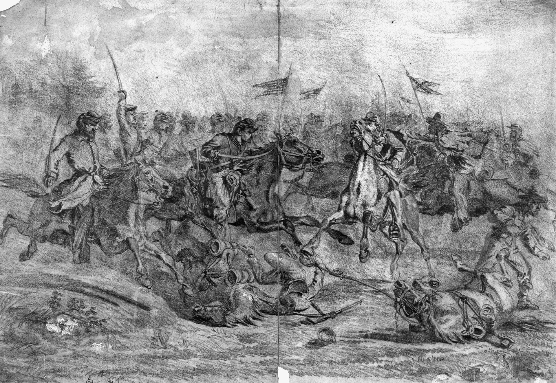 The 2nd U.S. Cavalry of the Reserve brigade of Brig. Gen. John Buford’s First Division, is shown in action near Beverly’s Ford in a period sketch by Edwin Forbes. Buford conducted a fighting withdrawal as he took his command back across the ford at the end of the day-long battle.