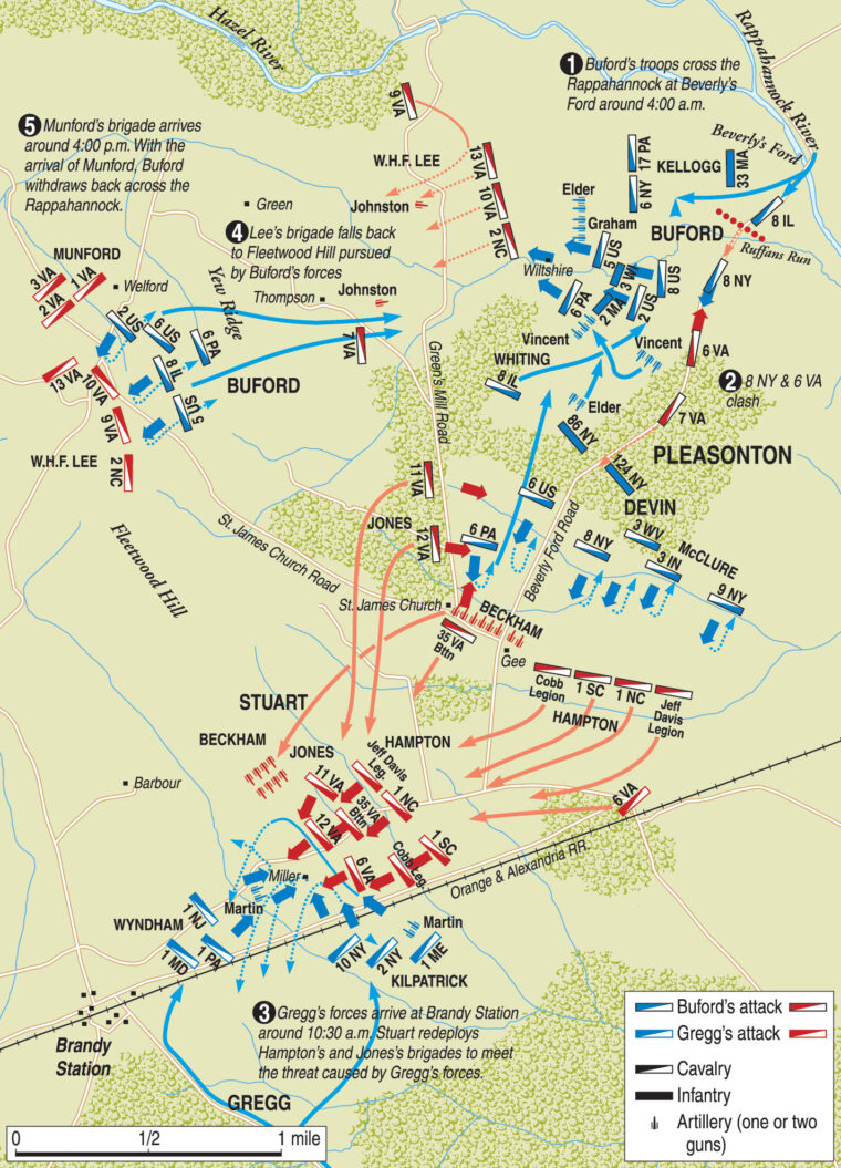 The Battle of Brandy Station was fought in the rolling hills south of the Rappahannock River astride the Orange and Alexandria Railroad. Maj. Gen. J.E.B. Stuart’s cavalry at Brandy Station screened the movement of General Robert E. Lee’s infantry that passed by Culpeper Courthouse on their way to the Shenandoah Valley during Lee’s second invasion of the North.